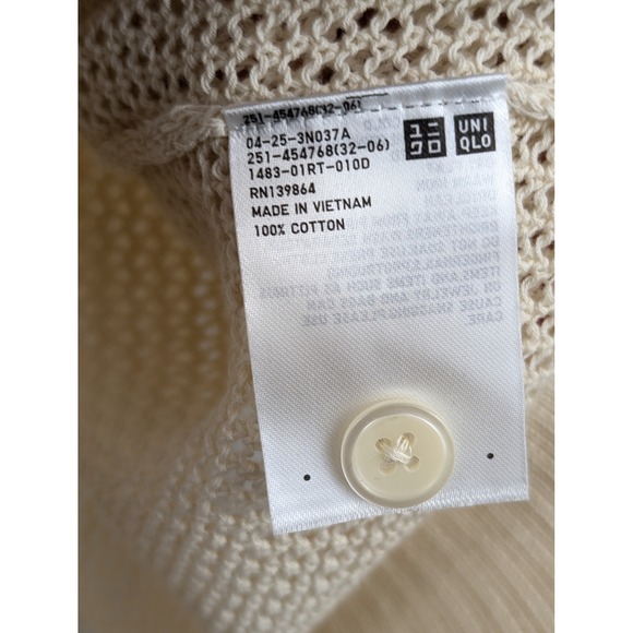 Uniqlo 100% Cotton Mesh Knit V Neck Cardigan Cream M Open Knit Boho Beach Layer - Picture 6 of 9